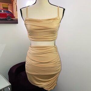 Chic Tan Ruched Two-Piece Outfit